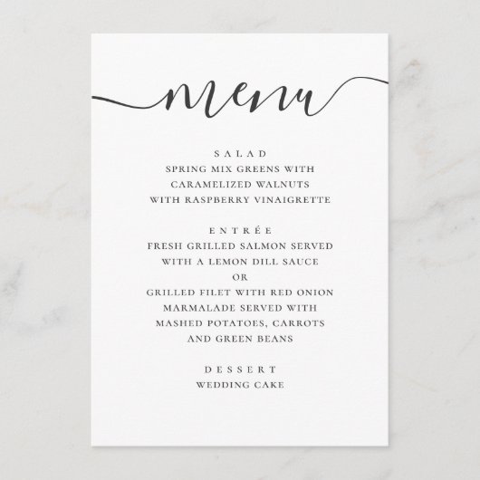 Moderne eenvoudige bruiloft. Zwart en wit script Menu (Voorkant)