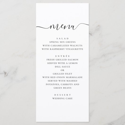 Moderne eenvoudige bruiloft. Zwart en wit script Menu (Voorkant)