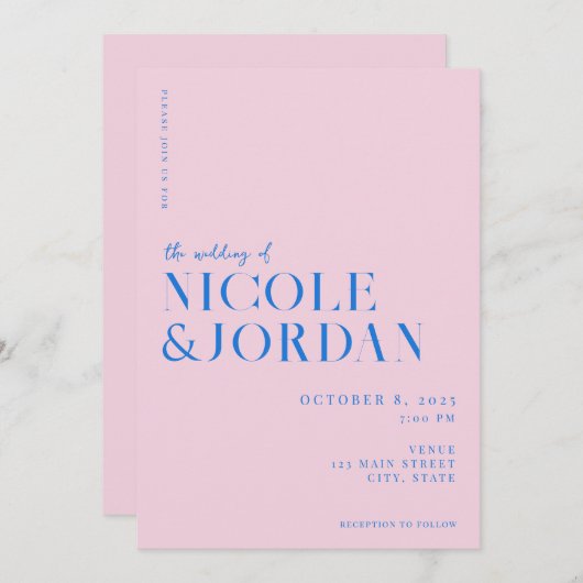 Moderne Eenvoudige Chique Roze Blauwe Bruiloft Kaart (Voorkant / Achterkant)