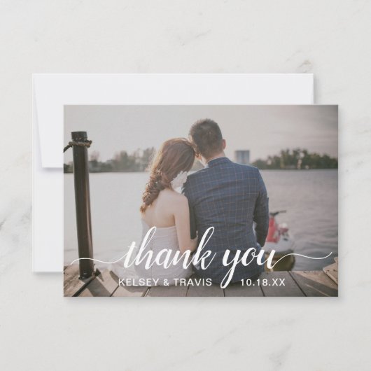 Moderne eenvoudige elegant Script Photo Wedding Bedankkaart (Voorkant)