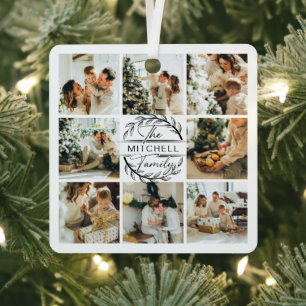 Moderne Eenvoudige Familie Fotocollage Monogram Metalen Ornament