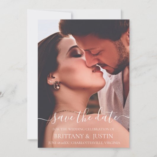 Moderne, eenvoudige foto in wit script save the date (Voorkant)