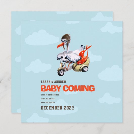 Moderne eenvoudige Funny Stork Gender Neutrale Zwa Aankondiging (Voorkant / Achterkant)