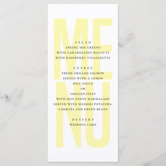Moderne eenvoudige gele typografie bruiloft diner menu (Voorkant)