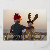 Moderne eenvoudige gouden foto Vrolijk Kerstfeest Folie Feestdagenkaart (Voorkant)