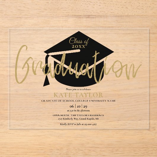 Moderne Eenvoudige Gouden Script Afstudeerfeest Acryl Uitnodigingen (Voorkant)