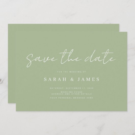 Moderne, eenvoudige, groene bruiloft met opslagdat save the date (Voorkant / Achterkant)
