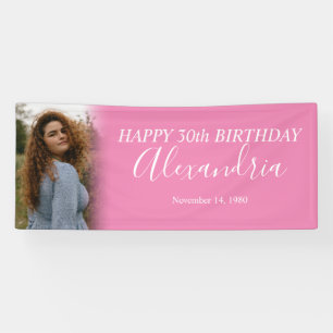 Moderne Eenvoudige Hot Pink White Foto Birthday Pa Spandoek