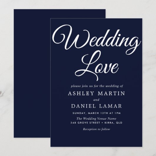 Moderne, eenvoudige Manuscript Navy & White Weddin Kaart (Voorkant / Achterkant)