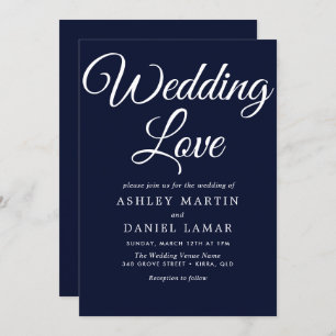 Moderne, eenvoudige Manuscript Navy & White Weddin Kaart