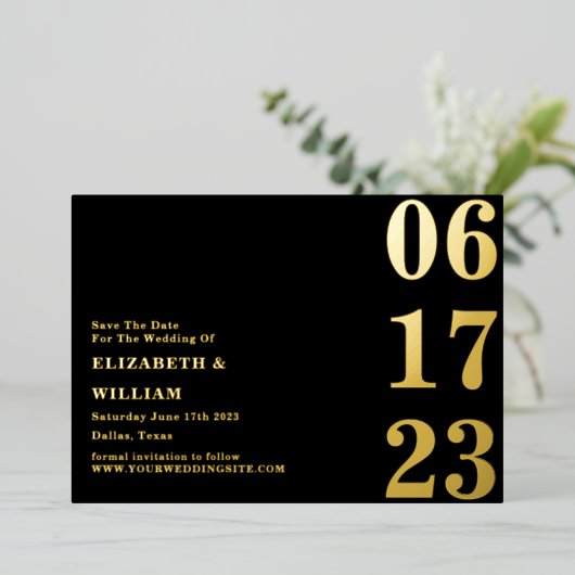 Moderne, eenvoudige minimale zwarte & goudbesparin folie uitnodiging (Staand Voorkant)