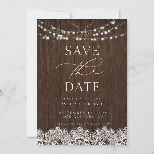 Moderne eenvoudige Rustic Twinkle Lights Wedding Save The Date (Voorkant)