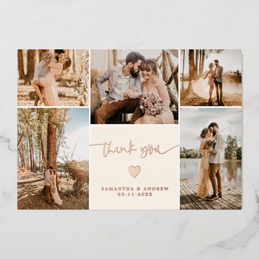 Moderne eenvoudige script 5 foto's bedanken je bru folie uitnodiging (Voorkant)