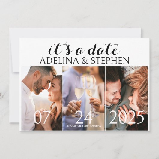 Moderne Eenvoudige Script Drie Foto Galerie QR COD Save The Date (Voorkant)