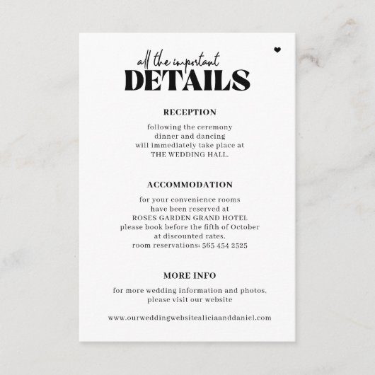 Moderne eenvoudige typografie bruiloft details informatiekaartje (Voorkant)