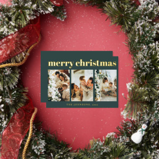 Moderne Eenvoudige Typografie Foto Groene Kerstmis Folie Feestdagenkaart