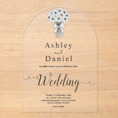 Moderne Eenvoudige Zwart & Wit Bruids Bouquet Huwe Acryl Uitnodigingen (Voorkant)