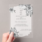 Moderne eenvoudige zwart-wit pioenen bruiloft acryl uitnodigingen (Insitu (Draagbaar))