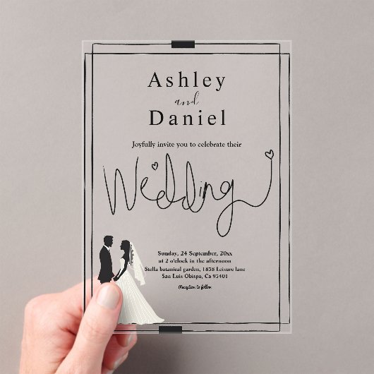 Moderne eenvoudige zwart-wit romantische bruiloft acryl uitnodigingen (Insitu (Draagbaar))
