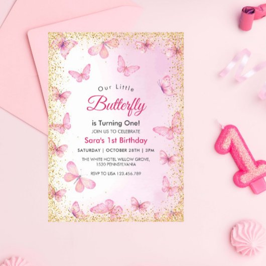 Moderne Eerste 1e Verjaardag Glitter Vlinder Feest Kaart