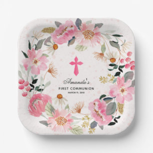 Moderne Eerste Communie Roze Bloemen Meisje Papieren Bordje