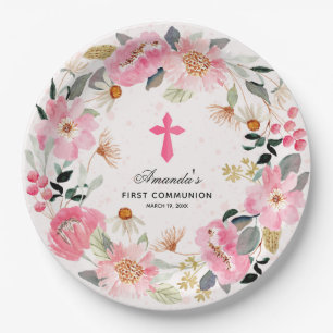 Moderne Eerste Communie Roze Bloemen Meisje Papieren Bordje