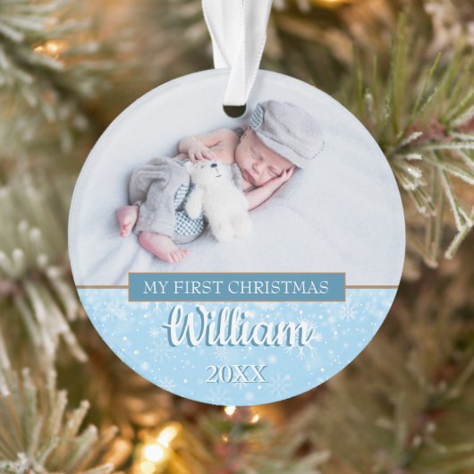 Moderne Eerste Kerstdag Baby Jongen Foto's Script Ornament (Boom)