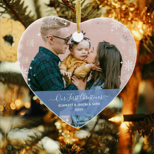Moderne Eerste Kerstmis samen 2 Foto's Keramisch Ornament