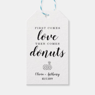 Moderne eerste komt liefde donuts bruiloft snack t cadeaulabel