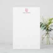 Moderne effen eenvoudige witte rode monogram briefpapier (Staand voorkant)