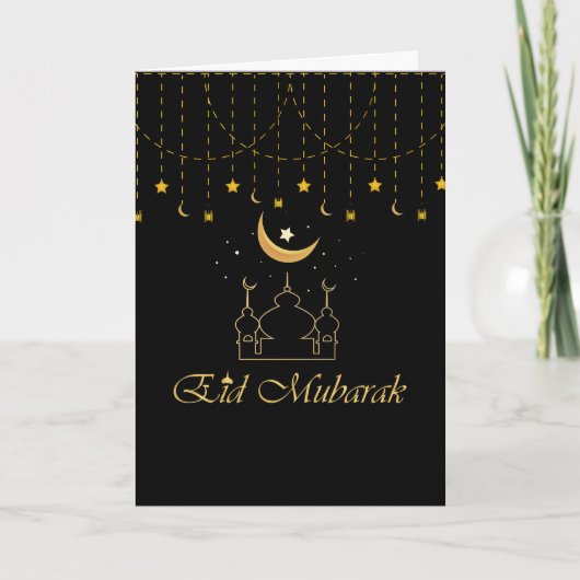Moderne Eid Mubarak Black en Gold Eid Kaart (Voorkant)