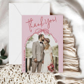 Moderne eigenzinnige hand getekend boog roze foto bedankkaart