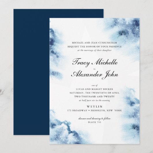 Moderne Elegance Blauwe Waterverf Uitnodiging voor (Voorkant / Achterkant)