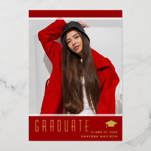 Moderne Elegant Afstuderen Kaart Rode Foto Folie