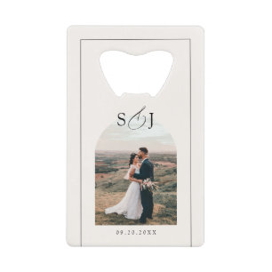 Moderne Elegant Arch Fotoscript Wedding Favoriet Kredietkaart Flessenopener
