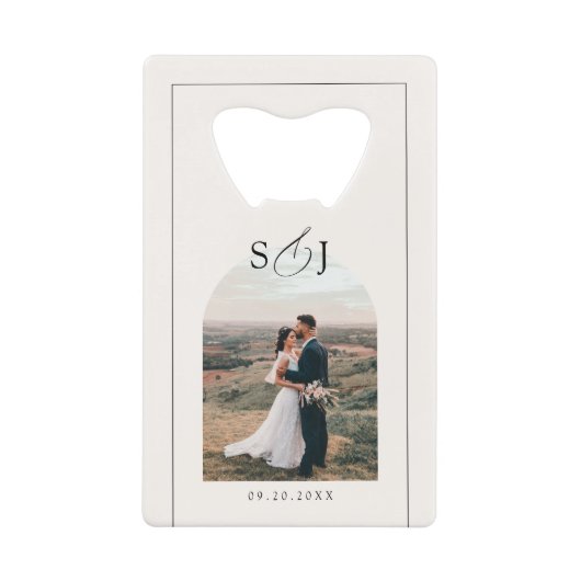 Moderne Elegant Arch Fotoscript Wedding Favoriet Kredietkaart Flessenopener (Voorkant)