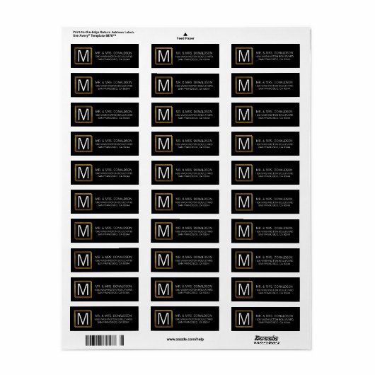Moderne Elegant Black Gold Lijst Monogram Initiale Etiket (Full Sheet)