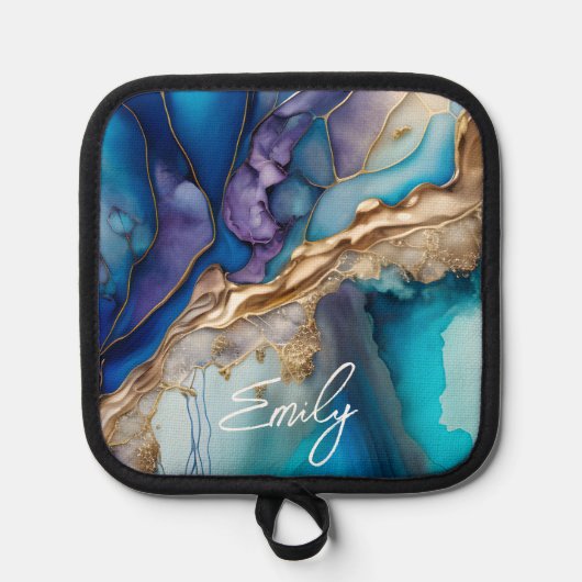 Moderne Elegant Blue Gold Marble Persoonlijke naam Pannenlap (Voorkant)