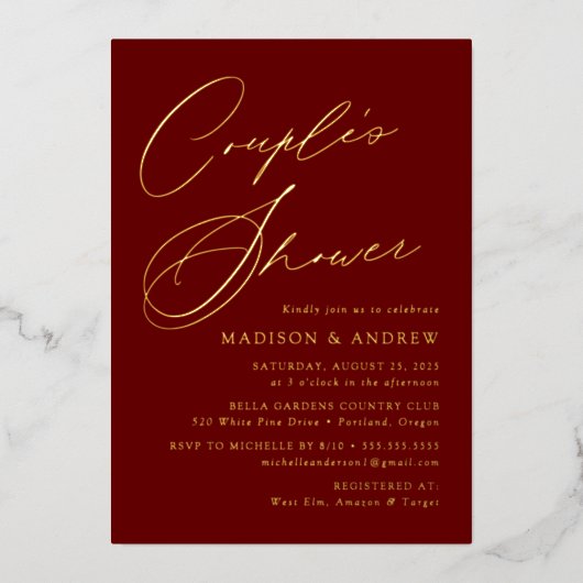 Moderne Elegant Burgundy en Gold Couple's Shower Folie Uitnodiging (Voorkant)
