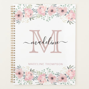 Moderne Elégant Floral Blush Pink Monogram Planner