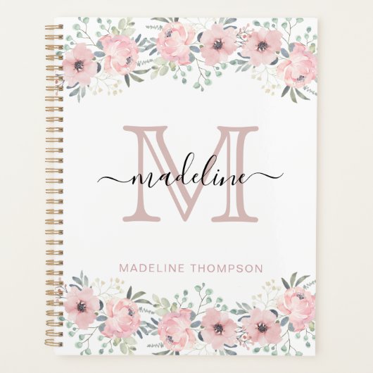 Moderne Elégant Floral Blush Pink Monogram Planner (Devant)