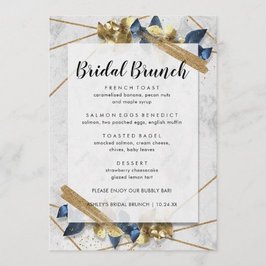 Moderne Elegant Gold Marine Bridal Brunch Menu (Devant)