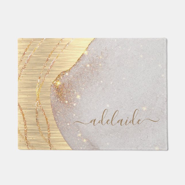 Moderne Elegant Gold Monogram Script Name Welkom Deurmat (Voorkant)