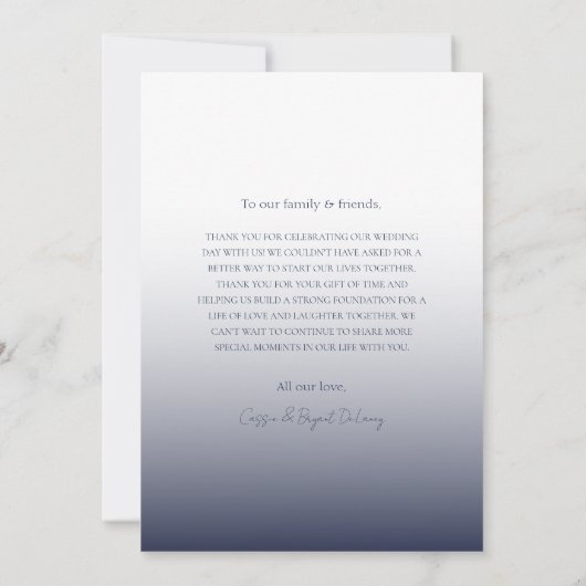 Moderne Elegant Marine Bleu Fade Mariage Merci (Dos)
