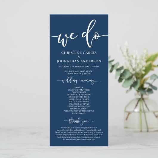 Moderne élégant Marine Bleu, Mariage programme de (Debout devant)