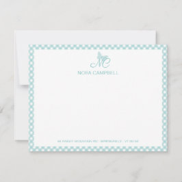 Moderne Elegant Monogram Turquoise Gingham Cheques Notitiekaartje