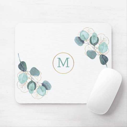 Moderne Elegant Monogrammed Eucalyptus Gold Muismat (Met muis)