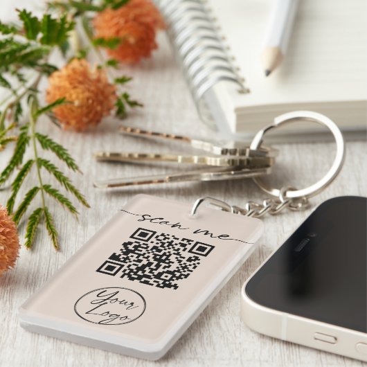 Moderne Elegant QR Code Tan Sleutelhanger (Voorkant Rechts)