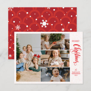 Moderne Elegant Red Five Photo Collage Kerstmis Feestdagenkaart