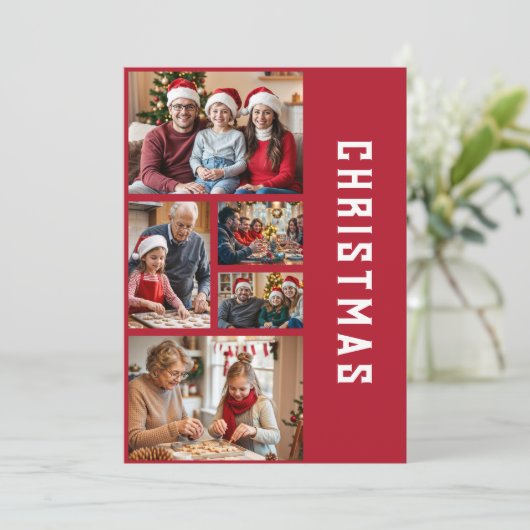 Moderne Elegant Red Five Photo Collage Kerstmis Feestdagenkaart (Staand voorkant)